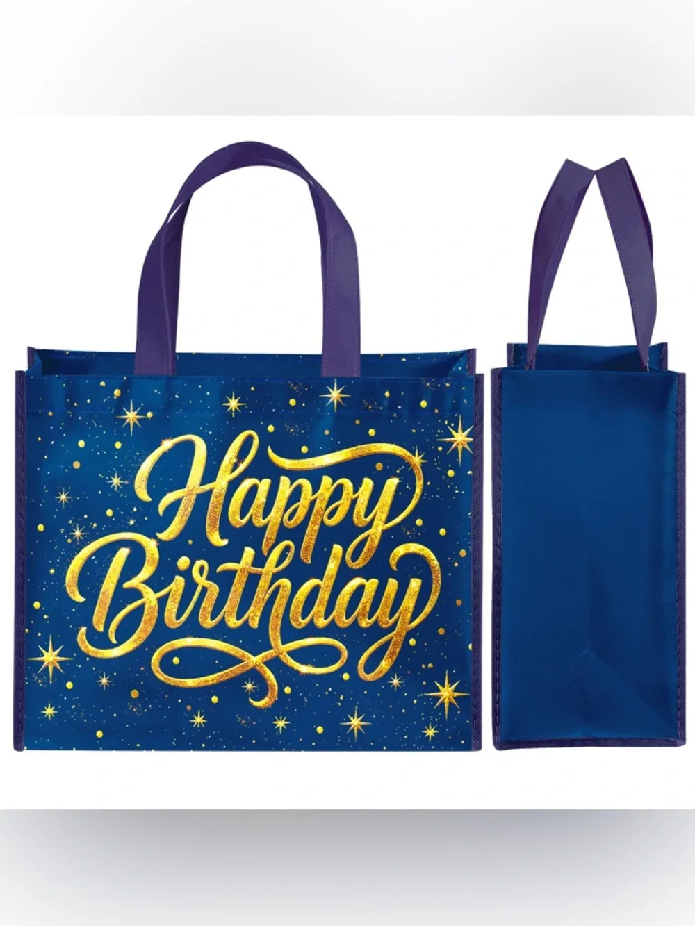 Happy Birthday Reusable Tote Bag - Gold Script on Blue